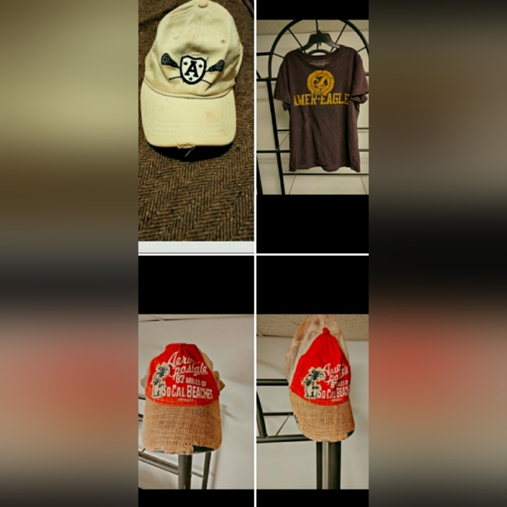 Two vintage Aeropostale caps plus vintage American Eagle t-shirt sz Medium